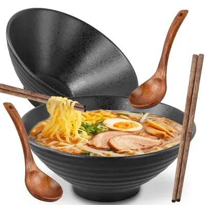 Keramik-Ramenschalen 2er-Set mit Löffel & Stäbchen, 1000 ml, Schwarz
