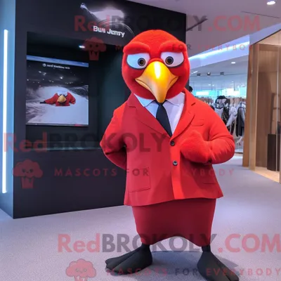 Image de Personnage mascotte REDBROKOLY d une mouette rouge habillée d une veste de costume et de ceintures de smoking