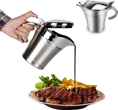 Produktbild von Sauciere, Edelstahl Thermo Sauciere Soßenkanne mit Klappdeckel Doppelwandig Kanne Soßenschüssel Soßiere für Abendessen, Restaurants, Partys, Weihnachten, Silber (450 ML)
