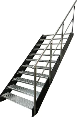 Obrázek produktu pro Schodiště z ocelových podélníků Mřížové stupně 11 stupňů Zábradlí vpravo - pozinkované a antracitově práškově lakované podélníky - (š x v x h) 120 x 209 x 215 cm