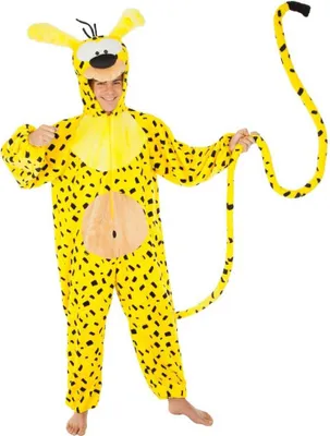 A person wearing a yellow and black Marsupilami costume.
