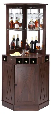 Image de Meuble bar d'angle industriel, table à vin pour spiritueux et verres, buffet avec porte-verres, meuble bar de style rustique en bois pour salon, bar d'intérieur, noyer noir