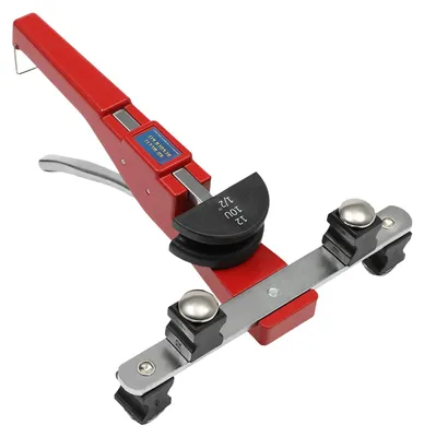 Produktbild von Rohrbieger Set - Handrohrbieger - 7 Biegeköpfe 0,6–2,2 cm - Bis 90° Ratschenmechanismus - Mit Rohrschneider & Entgrater - Für HVAC, Kälte & Sanitär - Weinrot