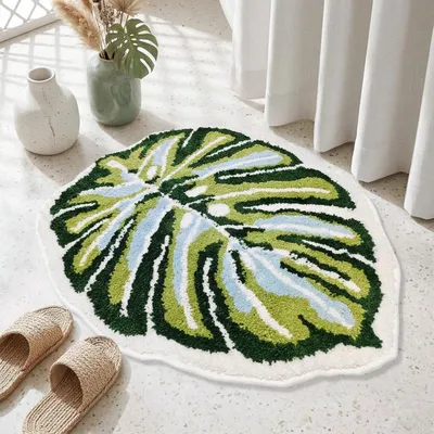 Imagen del producto de Alfombrilla de baño con diseño de hoja de Monstera, color verde, 54x66 cm, antideslizante, lavable, para baño