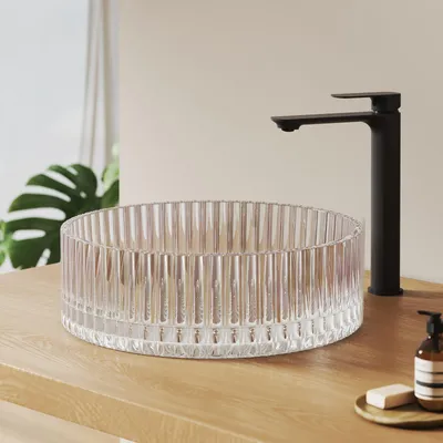 Obrázok produktu pre EMKE umývadlo na dosku okrúhle 400x400x120 mm z tvrdeného krištáľového skla s dúhovým galvanickým pokovovaním, bez otvoru na batériu a prepadu, moderný dizajn