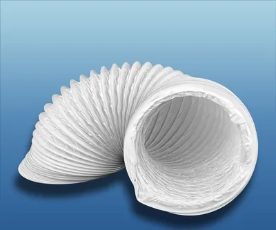 A white flexible hose is shown against a light blue gradient background.