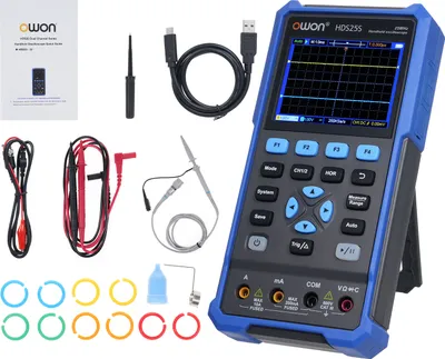 Produktbild von 3-in-1-Oszilloskop-Multimeter, Wellenformgenerator, Multifunktionsmultimeter, 25 MHz Bandbreite, 250 MSa/s (Einzelkanal), 125 MSa/s (Zweikanal), Spannung, Strom, Widerstand, Kapazitaet, Diodentester