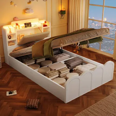 Produktbild von Multifunktionales weißes Bettgestell mit hydraulischem Hebemechanismus, USB-C-Anschluss, LED-Licht, App-Steuerung und Stauraum, Ohne Matratze, 90x200 cm