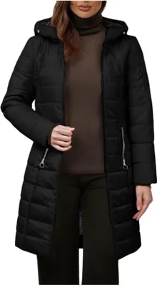 Image de ASKSA Manteau d'hiver Femme Chaudement Doublé Veste matelassée Longue Parka d'hiver Veste polaire Coupe-vent Veste d'extérieur avec capuche (Noir,L)