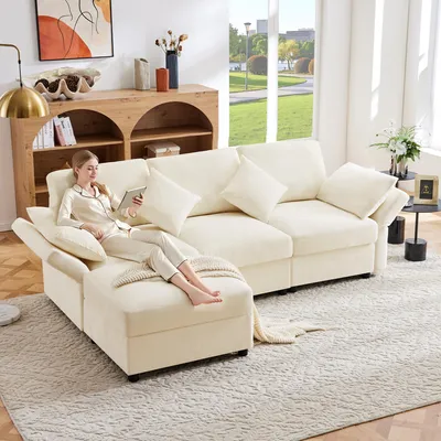 Zdjęcie produktu dla Sofa narożna Merax, Sofa w kształcie litery L z funkcją spania, 4 poduszki, podnóżek, regulowane podłokietniki, sofa do salonu, zestaw wypoczynkowy, pościel, beżowy