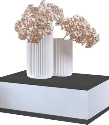 Two white vases with dried flowers on top of a graphite and white nightstand.