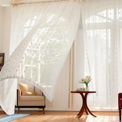Produktbild von Weiß Gardinen Wohnzimmer,Boho Pompom Gardine Halbtransparent,Fenstervorhang Rutentasche für Schlafzimmer Balkon,2 Stück 132x241cm