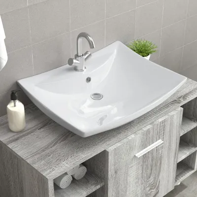 Produktbild von vidaXL Waschbecken, Keramik, rechteckig, Weiß, mit Überlauf und Hahnloch, hochglänzend, 600 x 440 x 170 mm (B x T x H)