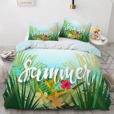 Zdjęcie produktu dla Komplet pościeli "Liście palm", 135x200 cm, 4-elementowy, mikrofibra, dwustronna pościel z motywem 3D, zapinana na zamek błyskawiczny