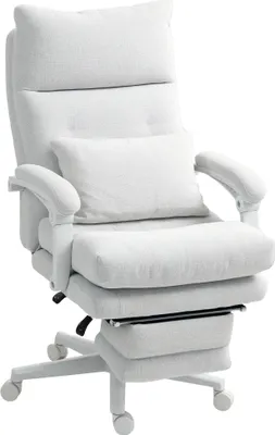 A light-colored ergonomic office chair with a headrest and lumbar pillow, shown from a three-quarter front angle against a white background.
