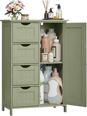 Productafbeelding van Badkamerkast - Ladekast met deur en 4 lades - MDF - 55 x 30 cm grondoppervlak - Saliegroen