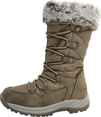 A single brown winter boot with fur trim is shown against a white background.