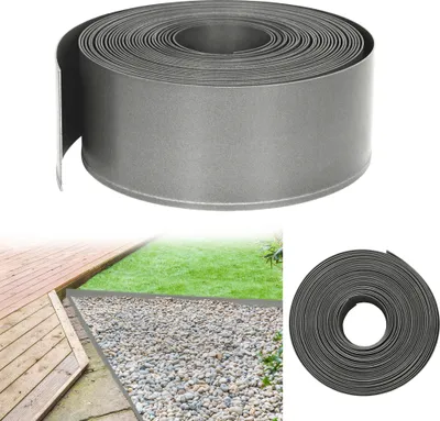 A roll of grey lawn edging is shown in the top part of the image, with a lifestyle shot of the edging installed between a wooden deck, gravel, and grass in the bottom left. A close-up of the roll is in the bottom right.