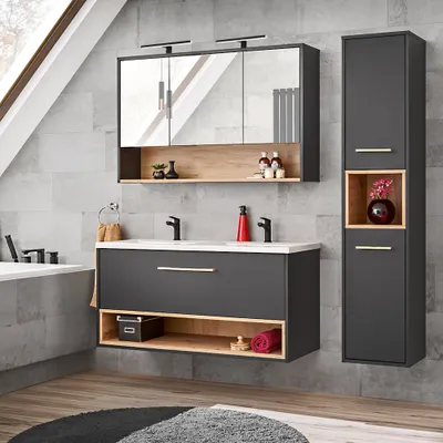 Produktbild von Badmöbel Set BOLOGNA-56 in anthrazit mit Artisan Eiche Nb. mit Doppelwaschtisch und Spiegelschrank, B/H/T: ca. 172/200/46 cm