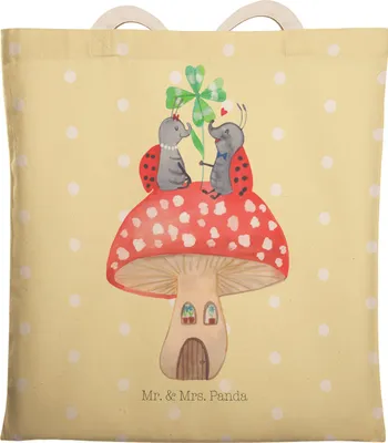 Produktbild von Mr. & Mrs. Panda Beutel Marienkäfer Fliegenpilz - Gelb Pastell - Geschenk, shopping bag, Fleigenpilzhaus, Haus, Wohnung, Zuhause, Tasche, Lustige Sprüche, Tote