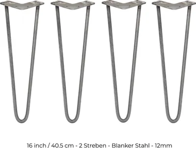 Produktbild von SKISKI Legs  4 x 2 Streben Hairpin-Legs Haarnadelbeine Haar-Nadel-Beine Haarnadel-Beine Tischbeine Möbelfüße Stuhlbeine Möbelbeine Haarnadel-Tischbeine 40,5cm H 12mm D Rohstahl