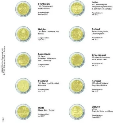 Produktbild von Lindner 1118-21 Vordruckblatt für 2 Euro-Gedenkmünzen: Frankreich 2017 - Litauen 2017