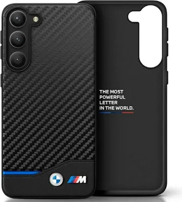 A black BMW M phone case with a carbon fiber texture and blue accents, shown from the back and front.