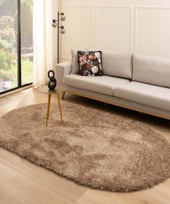 Produktbild von Unyqoos® Ovaler Hochflor-Teppich Posh – Velours-Optik, Beige, Polyester, 120 x 180 cm, 50 mm Florhöhe