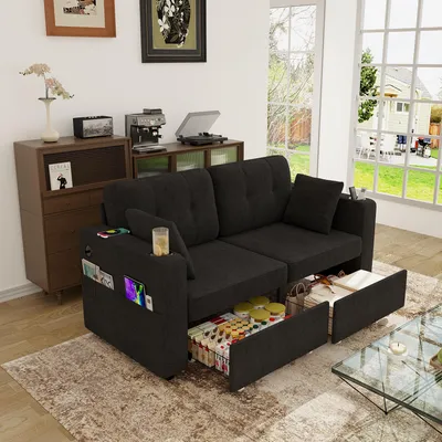 Produktbild von okwish Zweisitziges Sofa Loungesofa mit USB-Ladeanschlüssen und Getränkehaltern Wohnzimmersofa mit zwei Schubladen und versteckten Staufächern Seitentaschen Schwarz