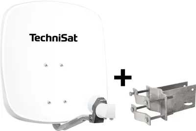 A white satellite dish with a black logo and a metal mounting bracket are shown against a white background.