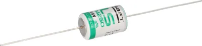 A single battery with two leads, isolated on a white background.