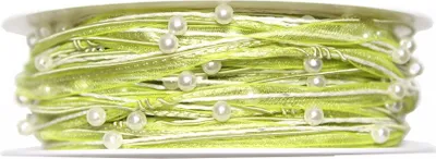 Produktbild von 15m Dekoband Schleifenband Geschenkband Organza Perlen Schnur Kordel Perlenkordel, Farbe:hellgrün