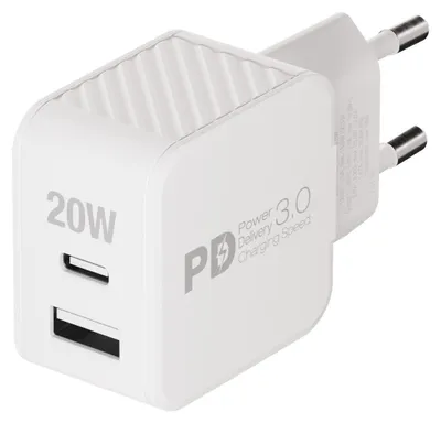 A white 20W USB PD dual fast charger with GaN technology.