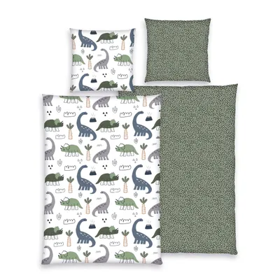 Produktbild von Dinosaurier Bettwäsche 135x200 80x80 cm 2-teiliges Set Motiv "Happy Dinos" aus 100% Baumwolle mit Reißverschluss