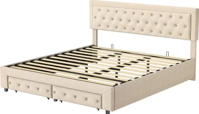 Obrázek produktu pro Čalouněná postel Fortuna Lai 180x200 cm, manželská postel se zásuvkou, hydraulická skříňová pružinová postel s lamelovým roštem, úložný prostor Postel z masivu Sametová, béžová