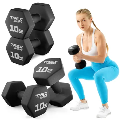 A woman is performing a squat exercise with a dumbbell, while a set of dumbbells is displayed on the left side of the image.