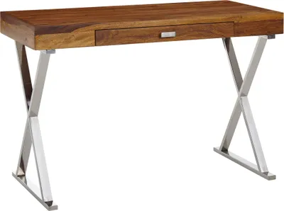 Produktbild von WOHNLING Schreibtisch 120x55x78 cm Sheesham Massivholz / Metall Chrom Design Bürotisch mit Schublade HomeOffice Laptoptisch Computertisch mit Stauraum