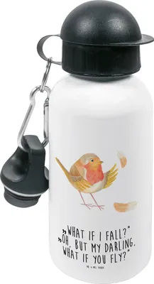 Produktbild von Mr. & Mrs. Panda Trinkflasche Rotkehlchen Federn - Weiß - Geschenk, Lustige Sprüche, Sportflasche, Trinkbehälter, Vogel, Kinder, Wasserflasche, Spruch Motivation, Mut