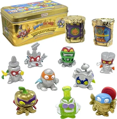 A collection of Superthings Superspecials toys and their storage tin.