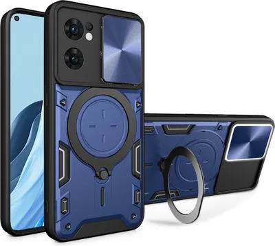 Produktbild von Handyhülle für Oppo Reno7 5G Dual-Layer Stoßfest Rüstung Hülle mit Dia Kameraschutz und Kreisförmig Ring Ständer Blau