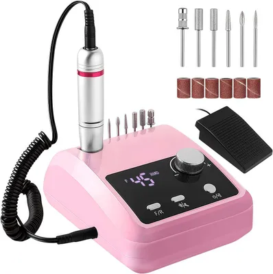 Produktbild von Elektrische Nagelfräser für Gelnägel, 45000 U/Min, Professionelle Nagelfeilen Set mit LCD-Display, Nagelbohrer Set mit Fußpedal und 6 Bits, Rosa