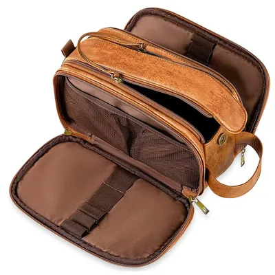 Produktbild von Kulturbeutel Herren, Geschenke für Männer, Kunstleder Wasserdicht Reise Große Öffnung Kulturbeutel, Geeignet für Reisen, Geschäftsreise, Fitness, Badezimmer, Dunkelbraun, Größe: L