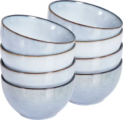 Produktbild von BELIANI Schüssel Set Hellblau Steinzeug Ton und Kaolin für 8 Personen Rund ⌀ 14 cm mit Braunem Rand Rund Handgefertigt Retro Geschirr Set