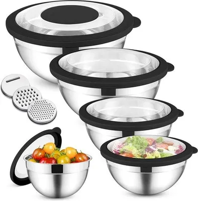 Produktbild von Famanu Mischschüsselset 5-teilig - Edelstahl mit transparenten luftdichten Deckeln und 3 Raspaufsätzen