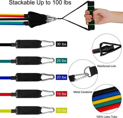 Image de Kit de bandes de résistance pour le fitness avec poignées et ancrage de porte, 11 pièces, 100 lb