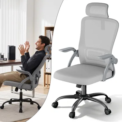 Obrázek produktu pro XMTECH Ergonomická kancelářská židle, síťová, šedá barva, 4D opěrka hlavy, bederní opěrka, naklápěcí mechanismus do 105°, sklopné područky, nosnost 120 kg, otočná židle pro domácí kancelář