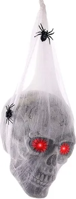 Produktbild von Halloween(55×12×8cm)animierte hängende Totenköpfe Kopf bedeckt mit Spinnennetzen und leuchtenden Augen, Halloween hängende Party Nachbildungationen, Outdoor Rasen Nachbildungation, Halloween Wandbehang Nachbildung