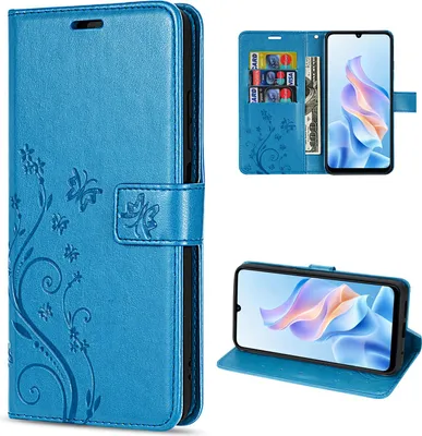 Collage of a blue flip phone case with floral and butterfly embossing, showing the case open with cards and cash, and the phone propped up.