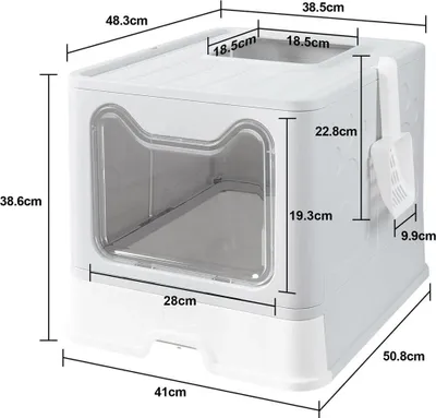 Image de Litière pour chat fermée - Grande boîte pliante pour litière - Tiroir avec pelle - Facile à nettoyer - Entrée par le dessus - Pour chats jusqu'à 10 kg - Gris