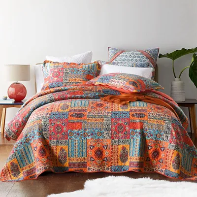 Sprei 220x240 cm, gewatteert, Patchwork, Orange, mit 2 Kissenbezügen